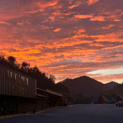 a view of a city at sunset
